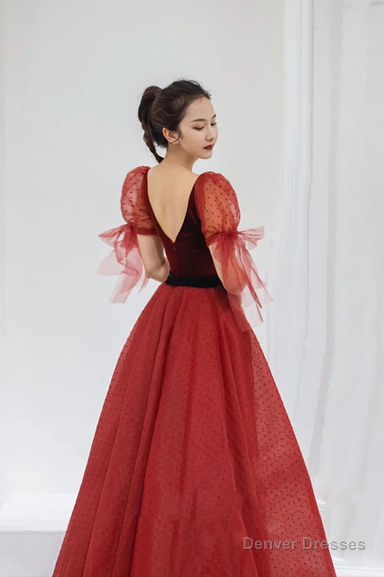 Burgundy velvet tulle long prom dress evening dress Secondary image