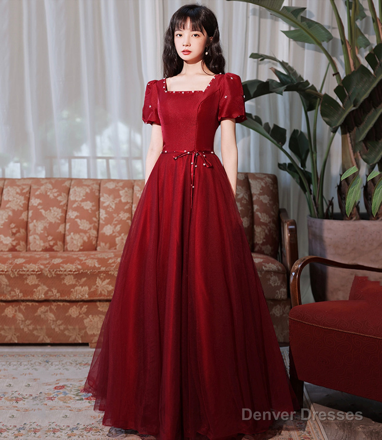 Burgundy satin tulle long prom dress A line evenig dress Main image