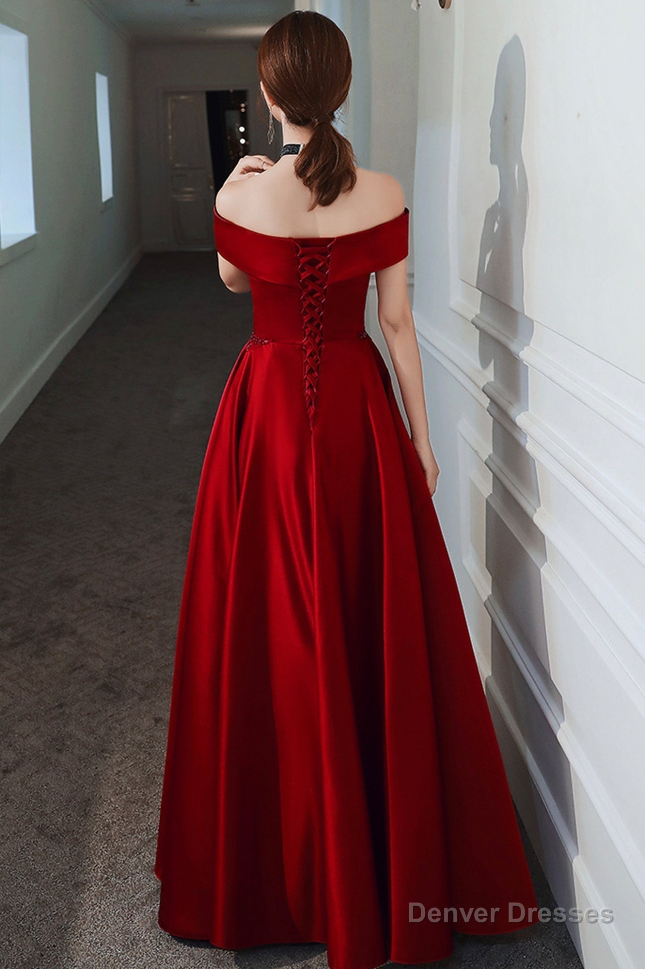 Burgundy satin beads long prom dress evening dress Secondary image