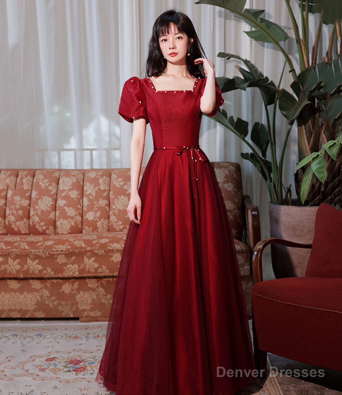 Burgundy satin tulle long prom dress A line evenig dress Secondary image