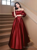 Burgundy Satin Long A-Line Formal Prom Dress