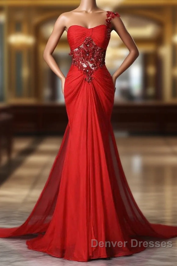 Trumpet Mermaid One Shoulder Chiffon Appliques Lace Beading Red Long Prom Dress Main image