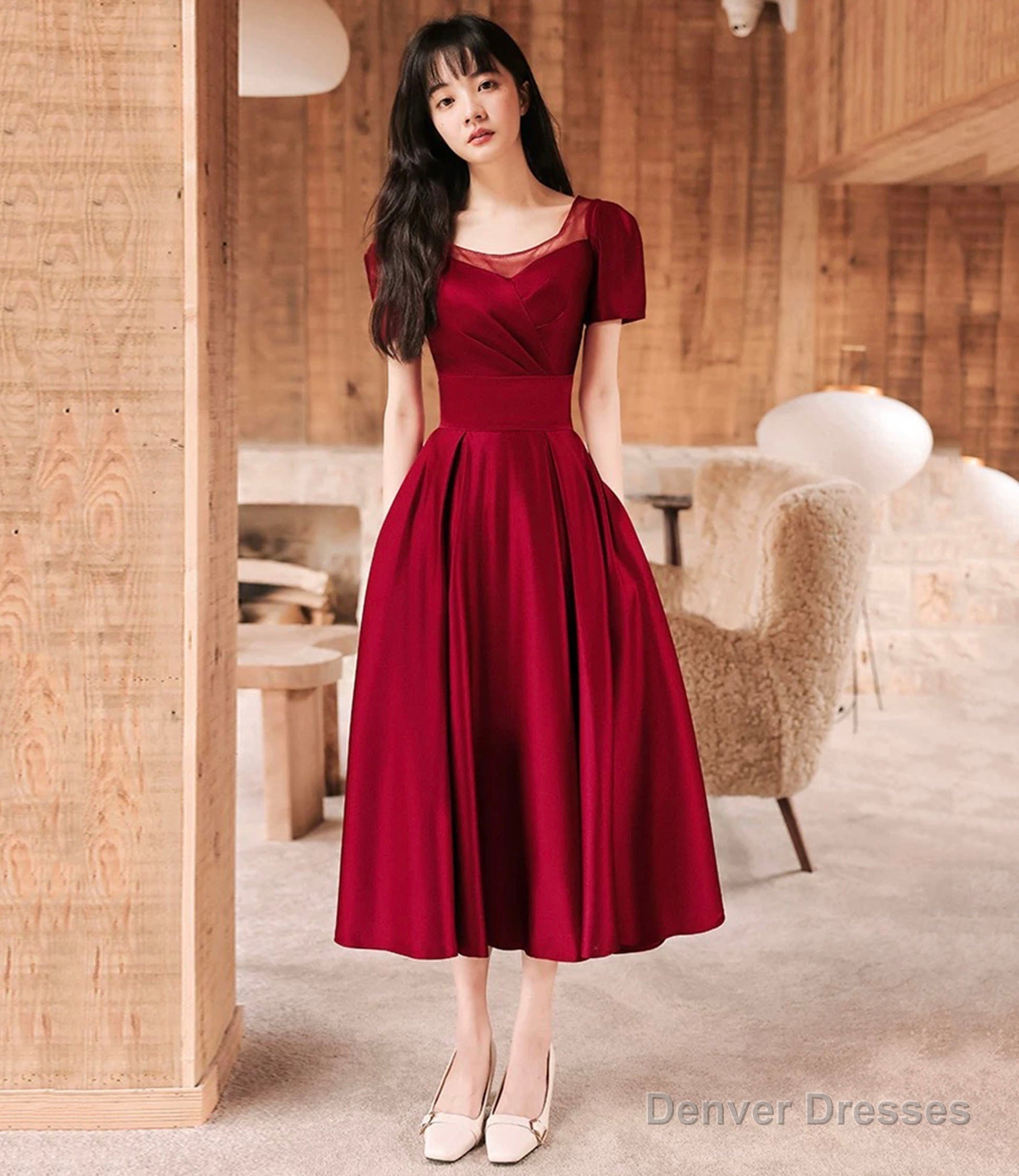 Burgundy satin short prom dress A-line evening dress Main image