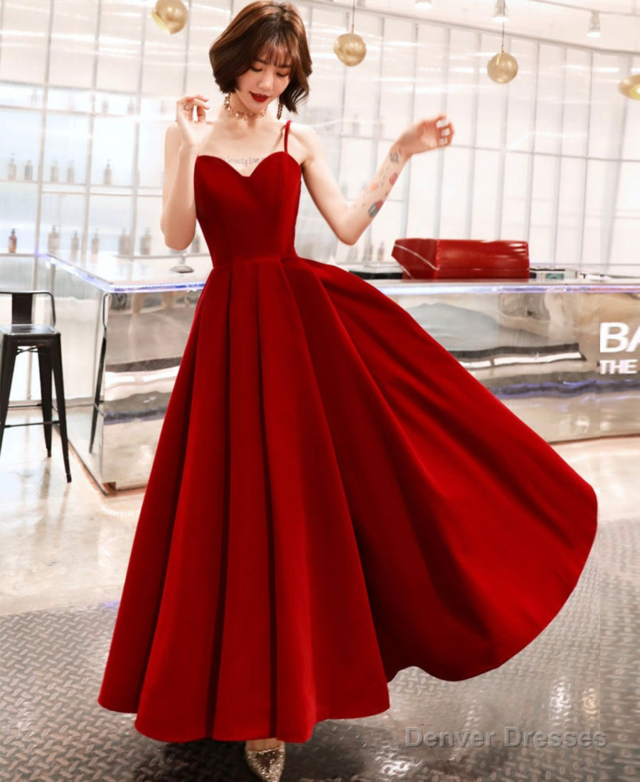 Burgundy velvet tea length prom dress party dress Main image