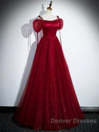Burgundy Satin Tulle Floor Length Prom Party Dress