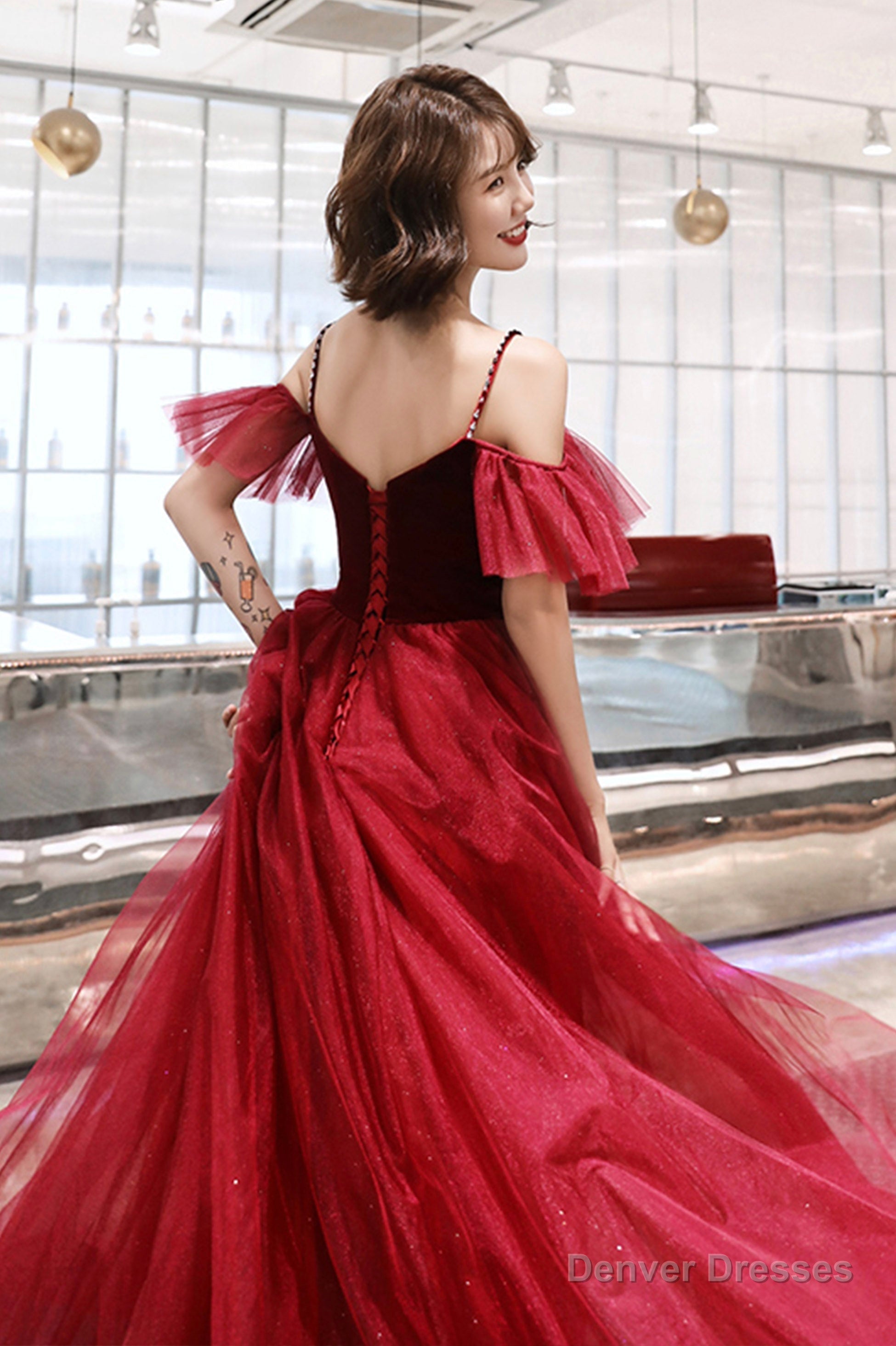 Burgundy velvet tulle long prom dress A line evening dress