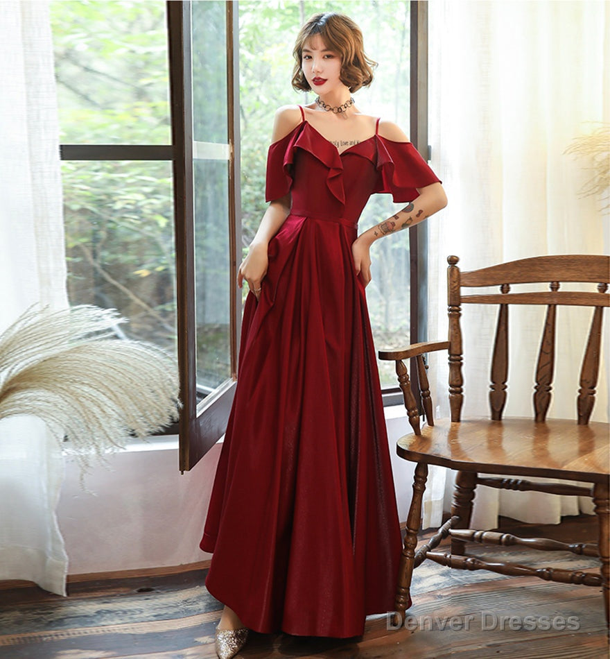 Burgundy satin prom dress simple evening dress Main image