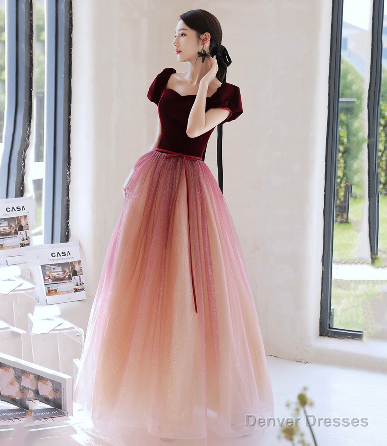 Burgundy velvet tulle long prom dress evening dress