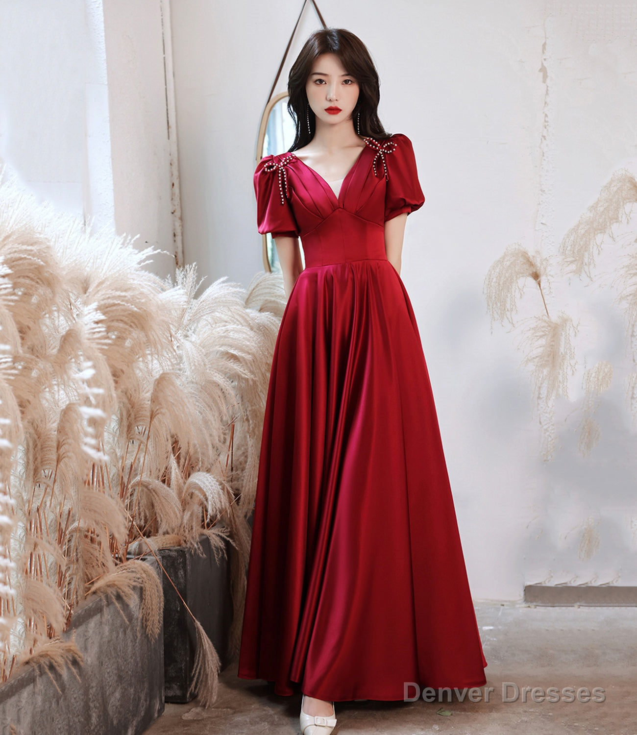 Burgundy satin long prom dress A line evening dress Main image