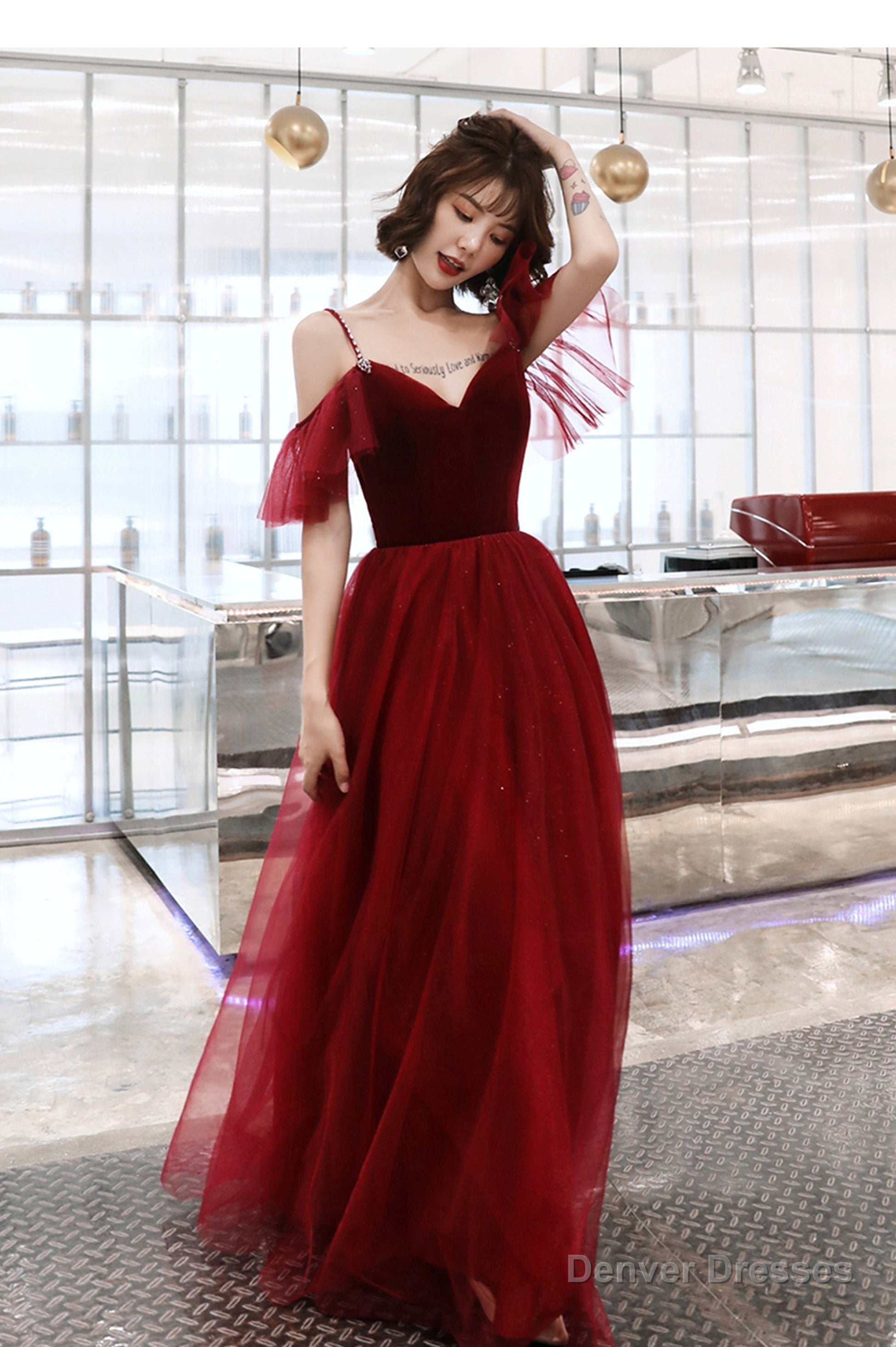 Burgundy velvet tulle long prom dress A line evening dress Secondary image