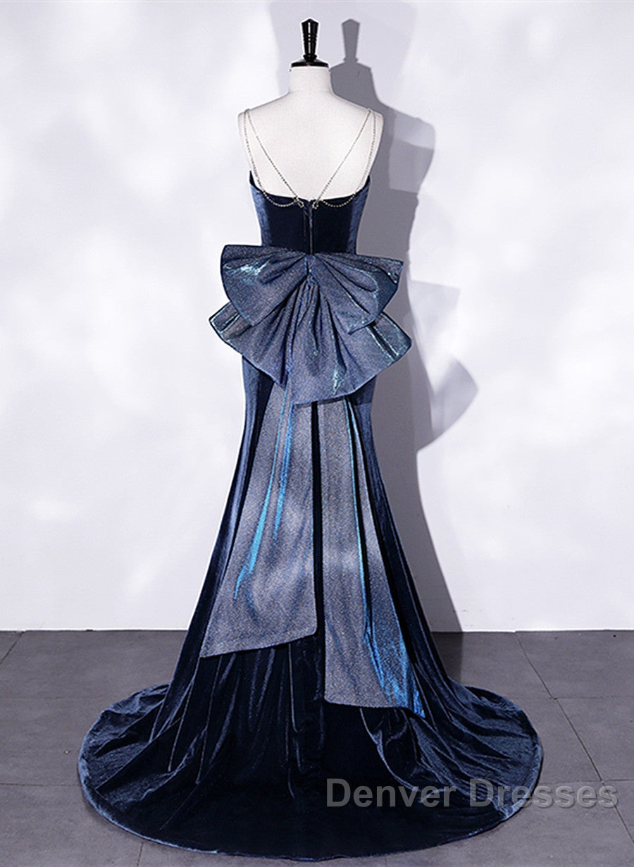 Prom Dress,spaghetti Strap Prom Dress, Blue Evening Dress Velvet Party Dress