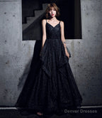 Black Simple v neck tulle long prom dress A line evening dress