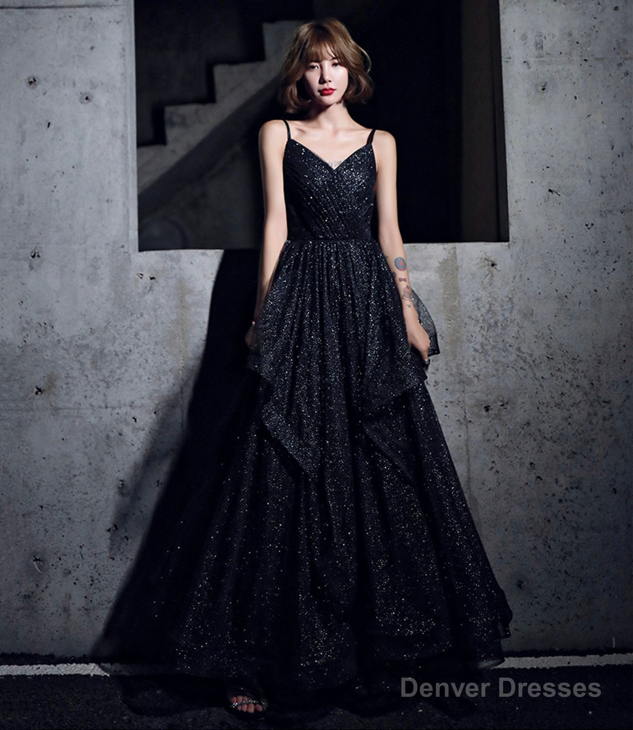Black Simple v neck tulle long prom dress A line evening dress