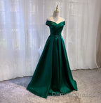 Satin Emerald Green Pleated A-Line Off-shoulder Prom Dress