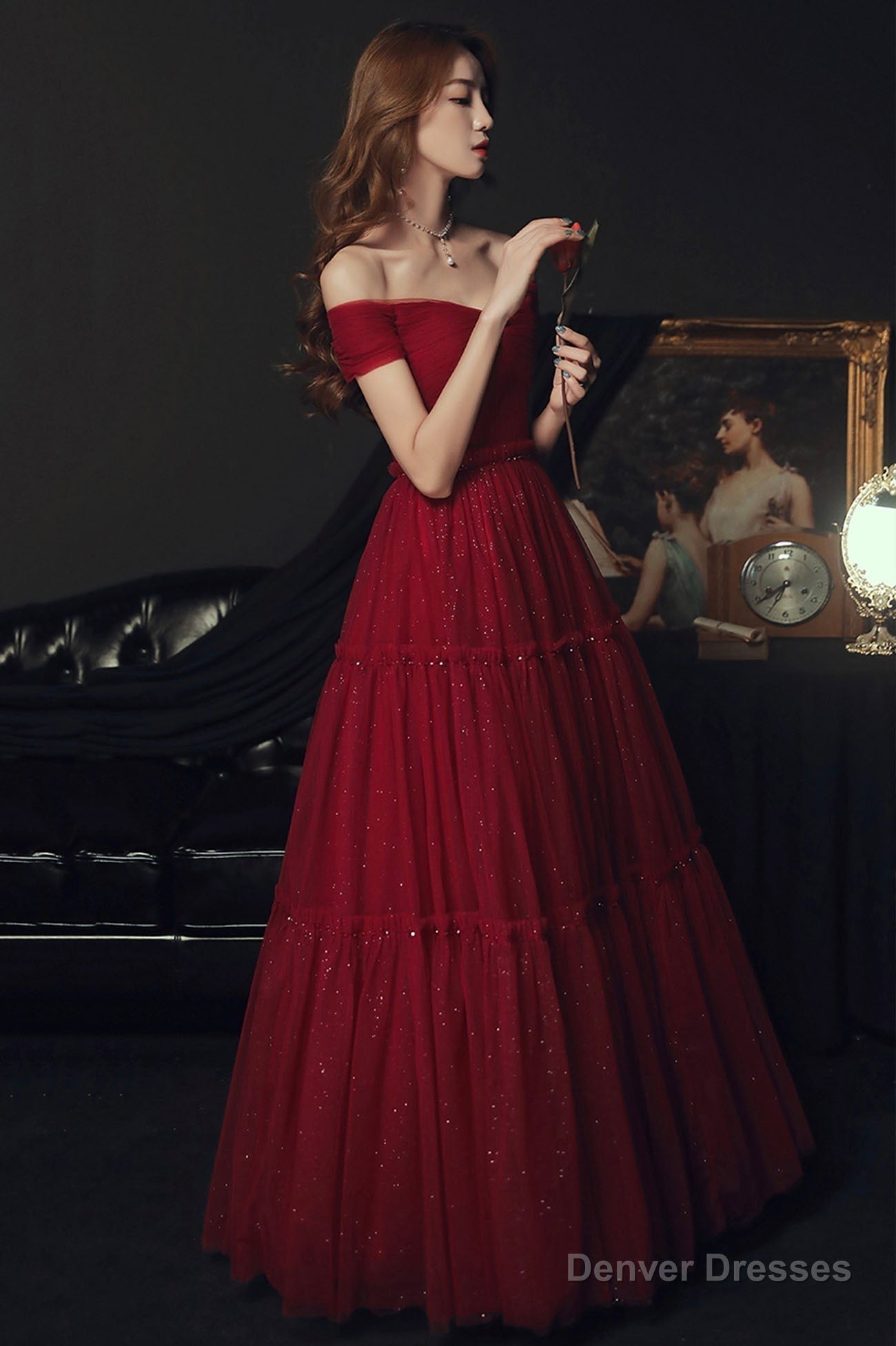 Burgundy tulle off shoulder prom dress evening dress Secondary image