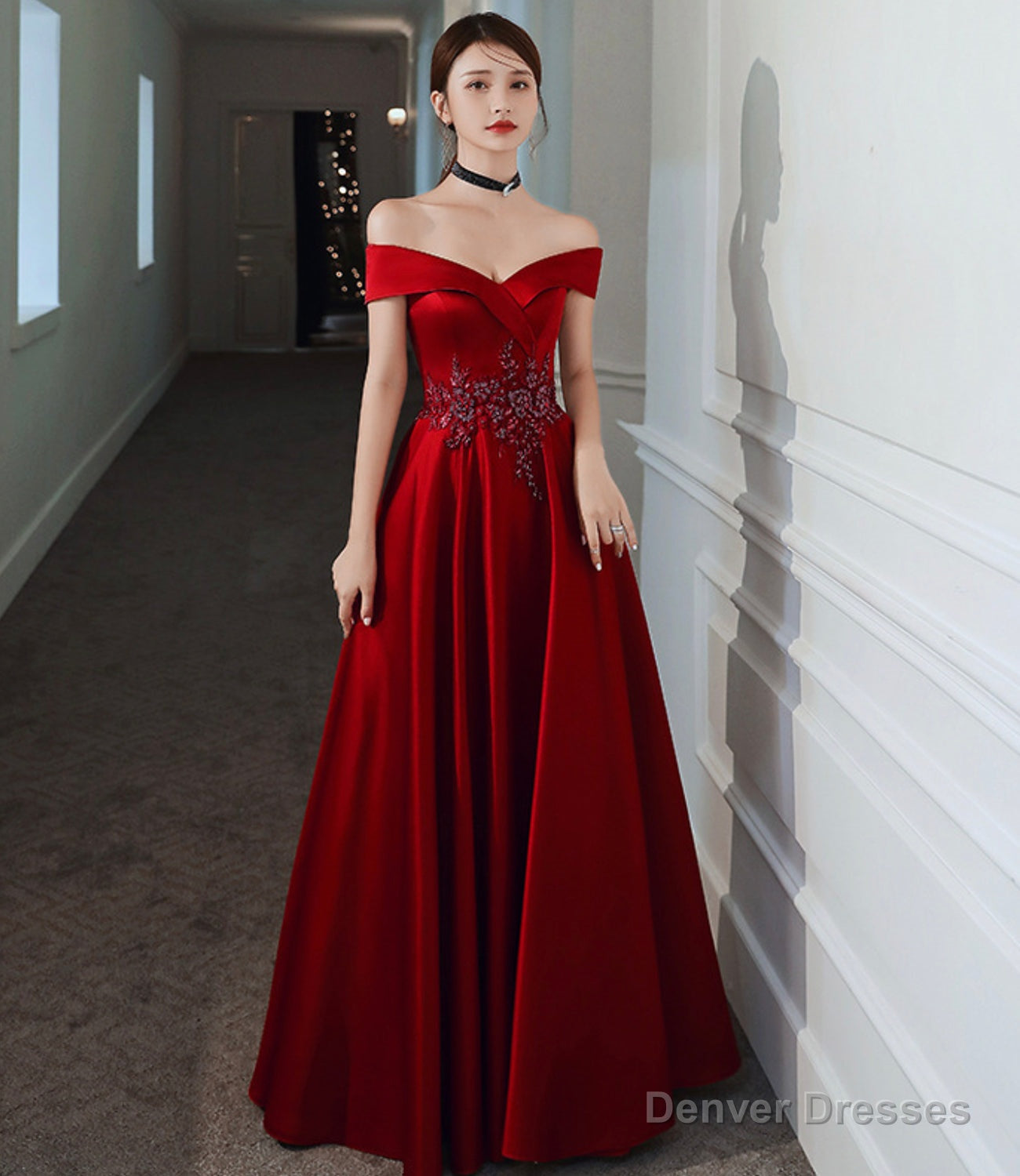 Burgundy satin beads long prom dress evening dress Main image