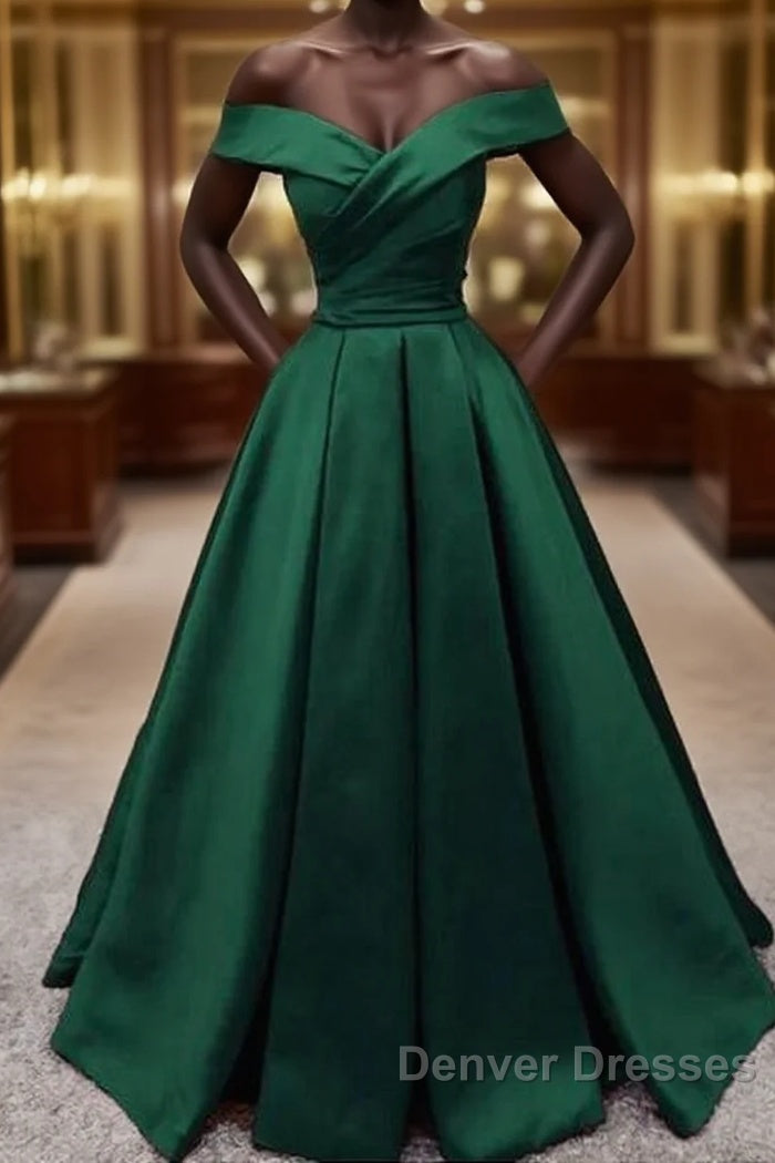 Off Shoulder Emerald Green Long Satin Evening Dress