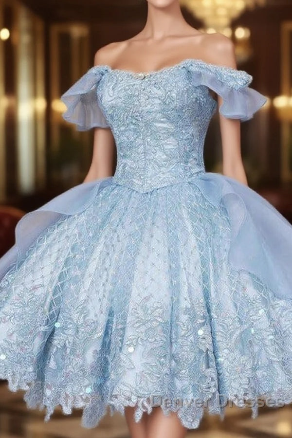 Vintage Blue Lace Homecoming Dress,Off the Shoulder Prom Dress