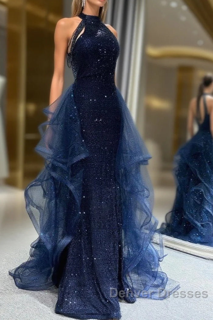 Navy Blue Sequins Long Prom Party Dress Main image