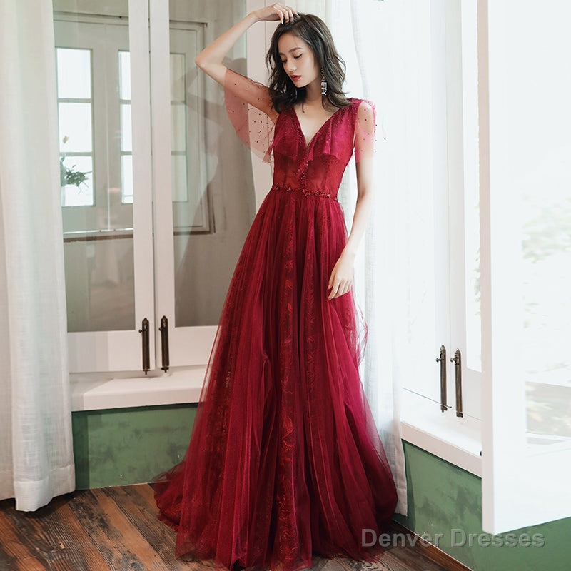 Burgundy tulle long prom dress evening dress
