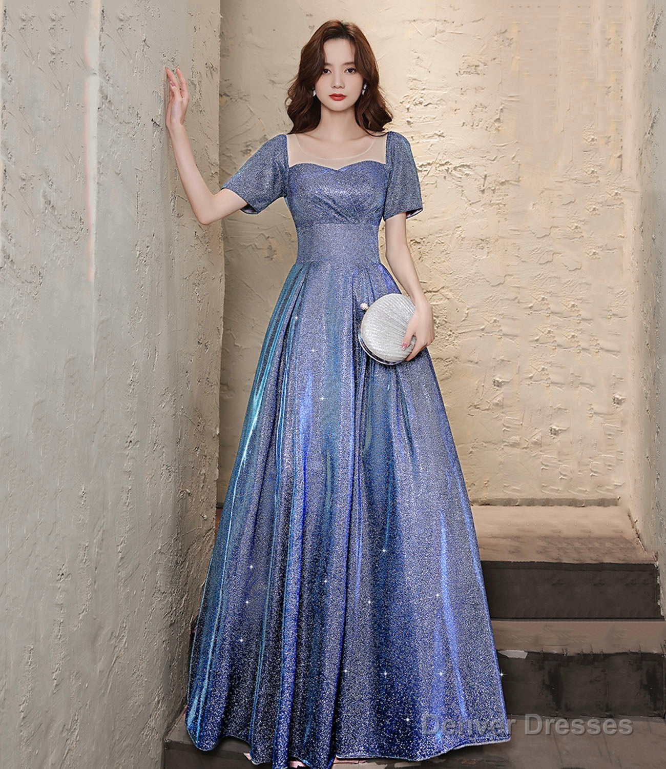 Blue satin long prom dress A line evening dress Main image