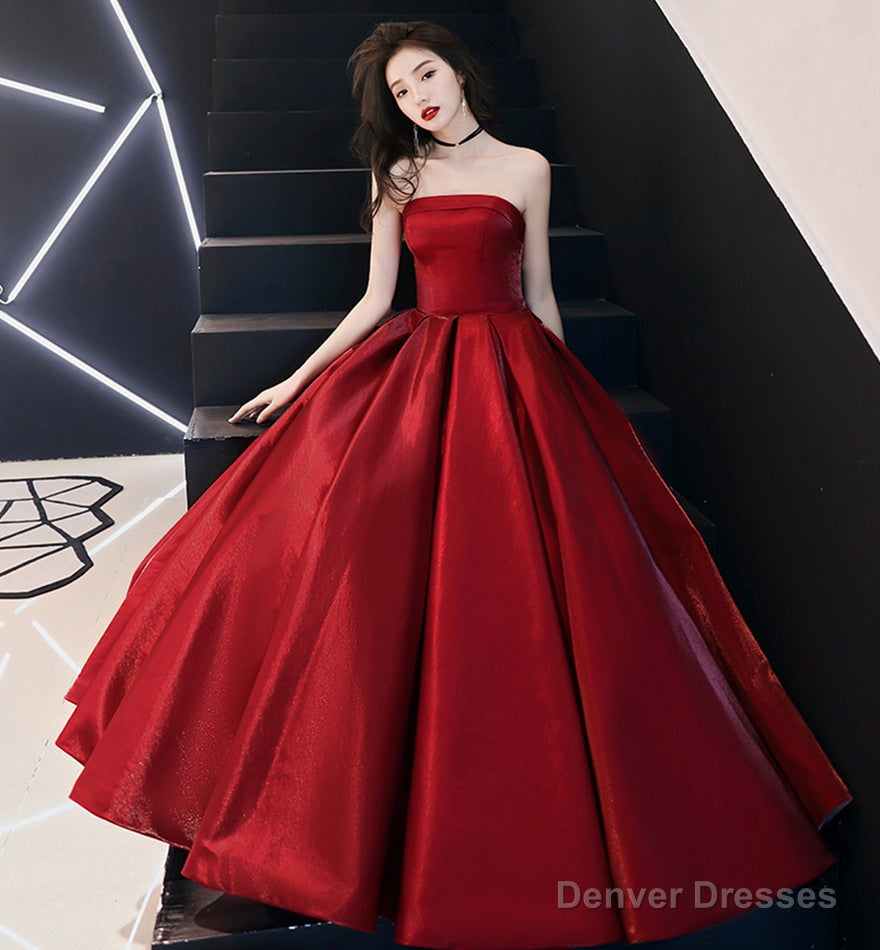 Simple satin long prom dress burgundy evening dress Main image