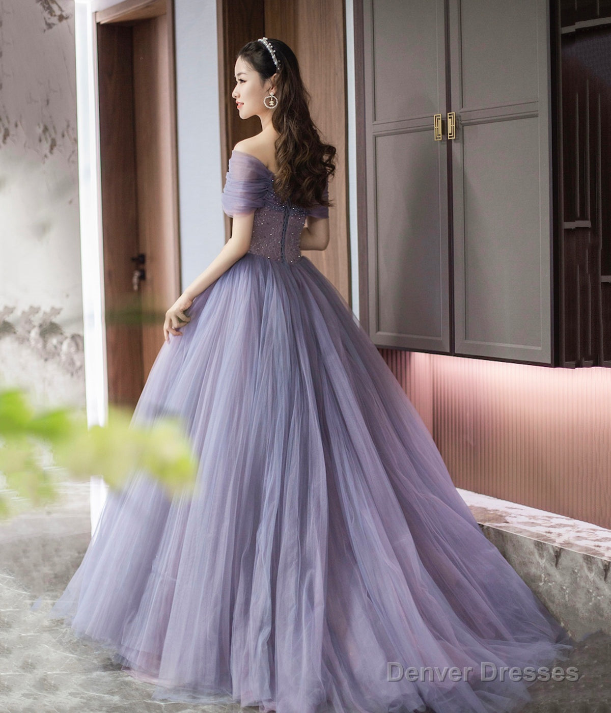 Purple Tulle Beaded Long Prom Dress, Off Shoulder Evening Party Dress