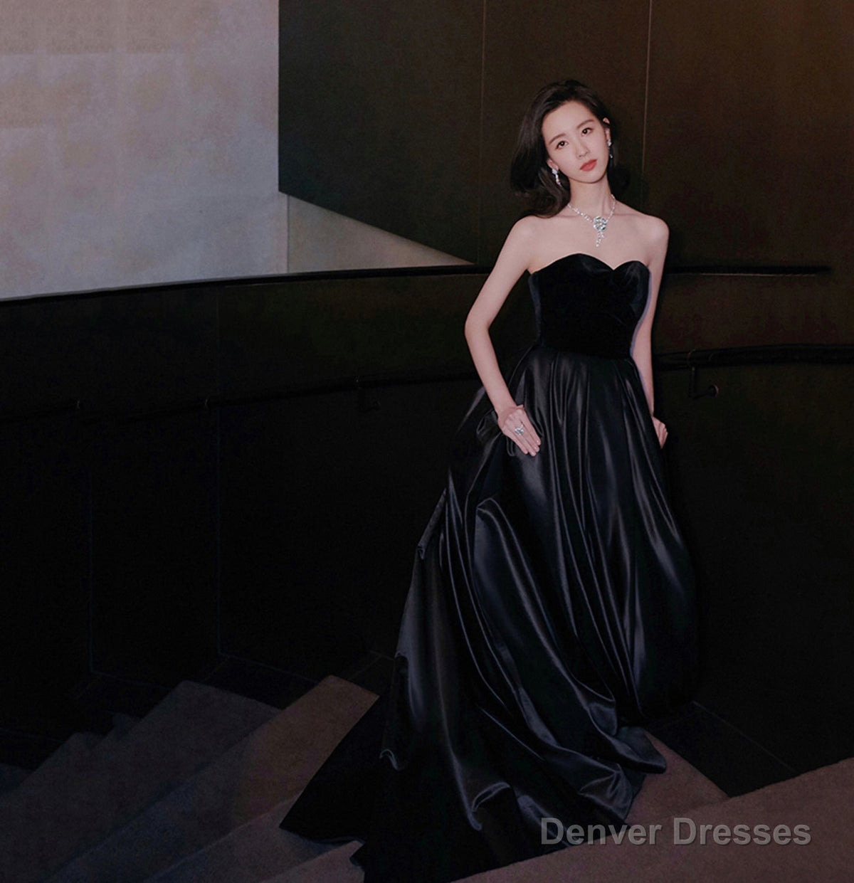 Black velvet satin long prom dress A line evening gown Main image