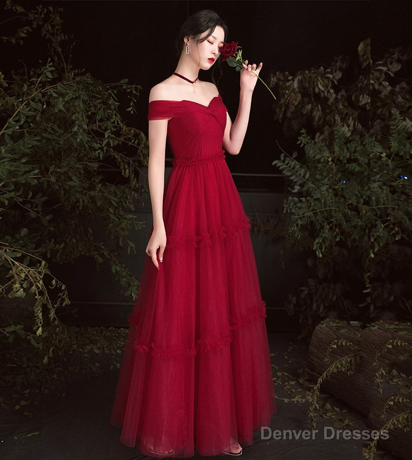 Burgundy tulle off shoulder prom dress evening dress Secondary image