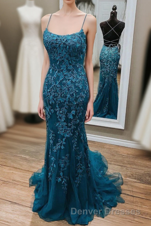 Stunning Blue Lace Appliqus Long Prom Dress