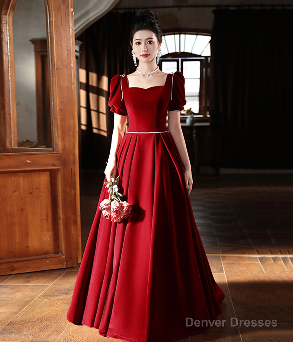 Burgundy Velvet Floor Length Prom Dress, A-Line Short Sleeve Evening Dress Main image
