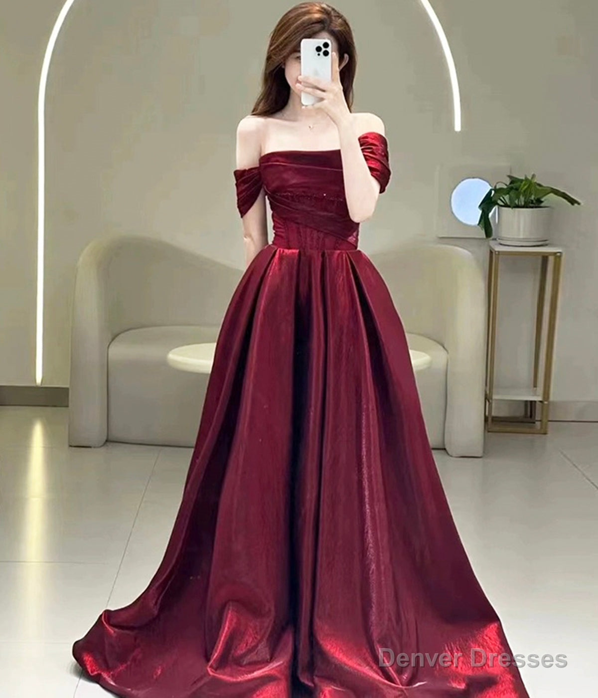 Burgundy Satin Long Prom Dress, Off the Shoulder Evening Party Dress Main image