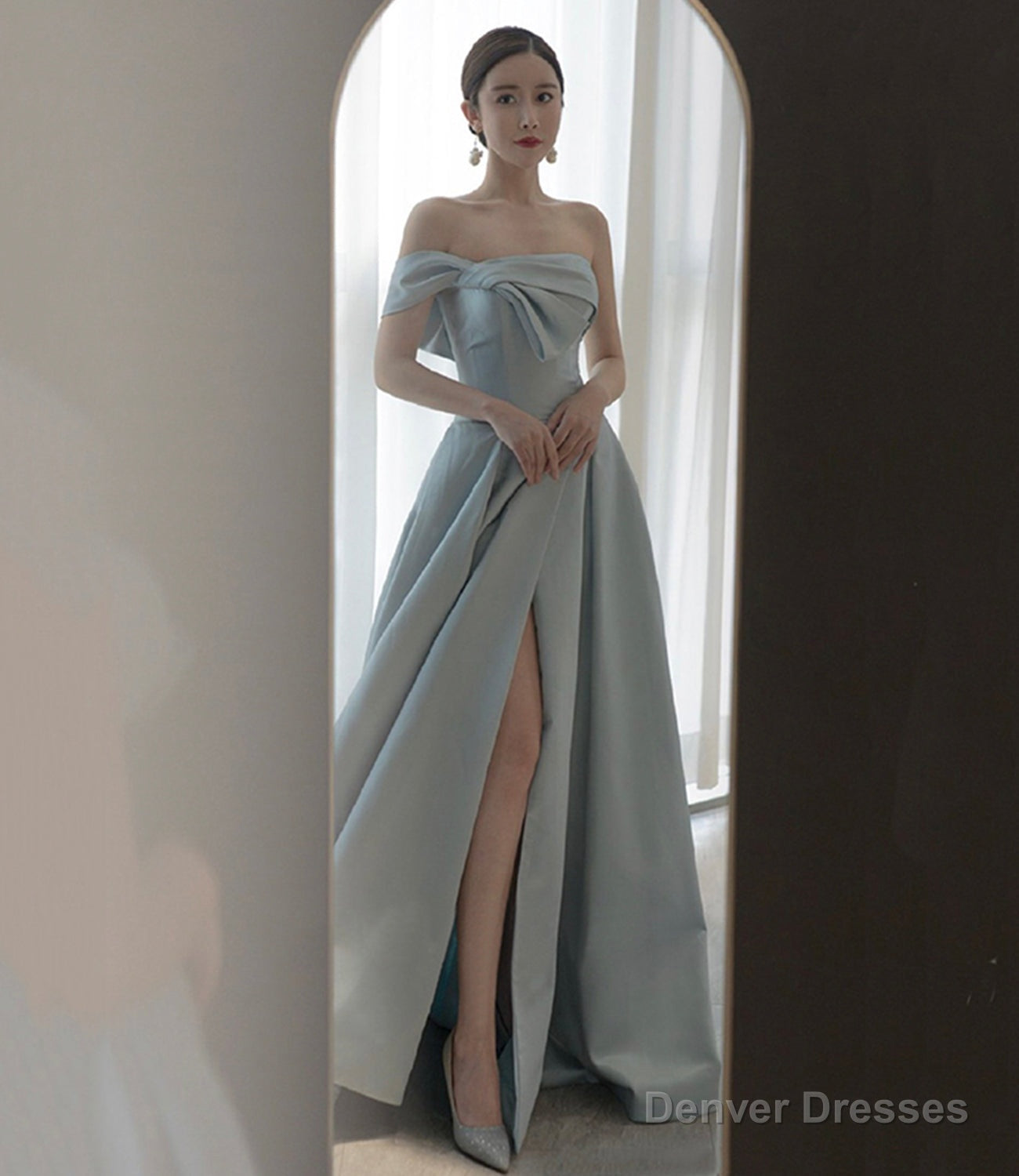 Blue satin long prom dress A line evening dress Main image
