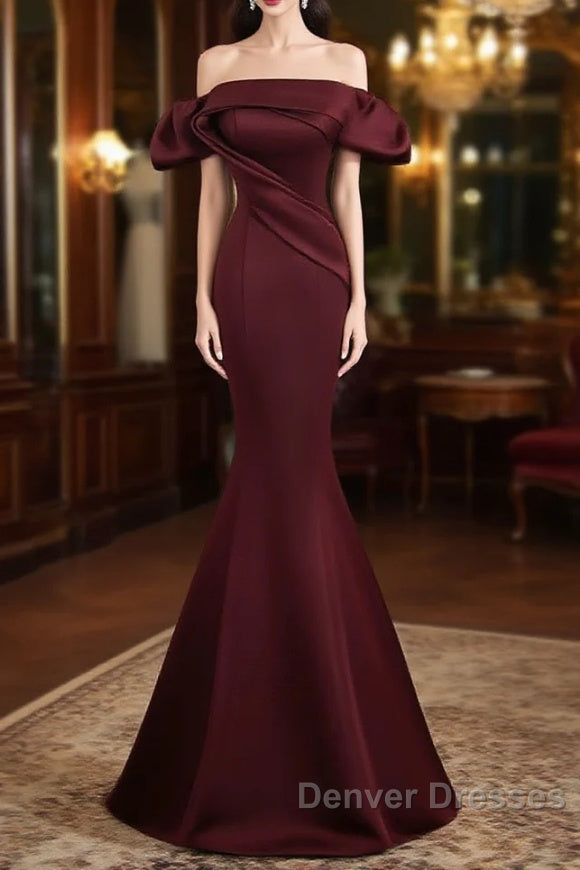 Burgundy Satin Long Prom Dress, Mermaid Off the Shoulder Evening Party Dress Main image