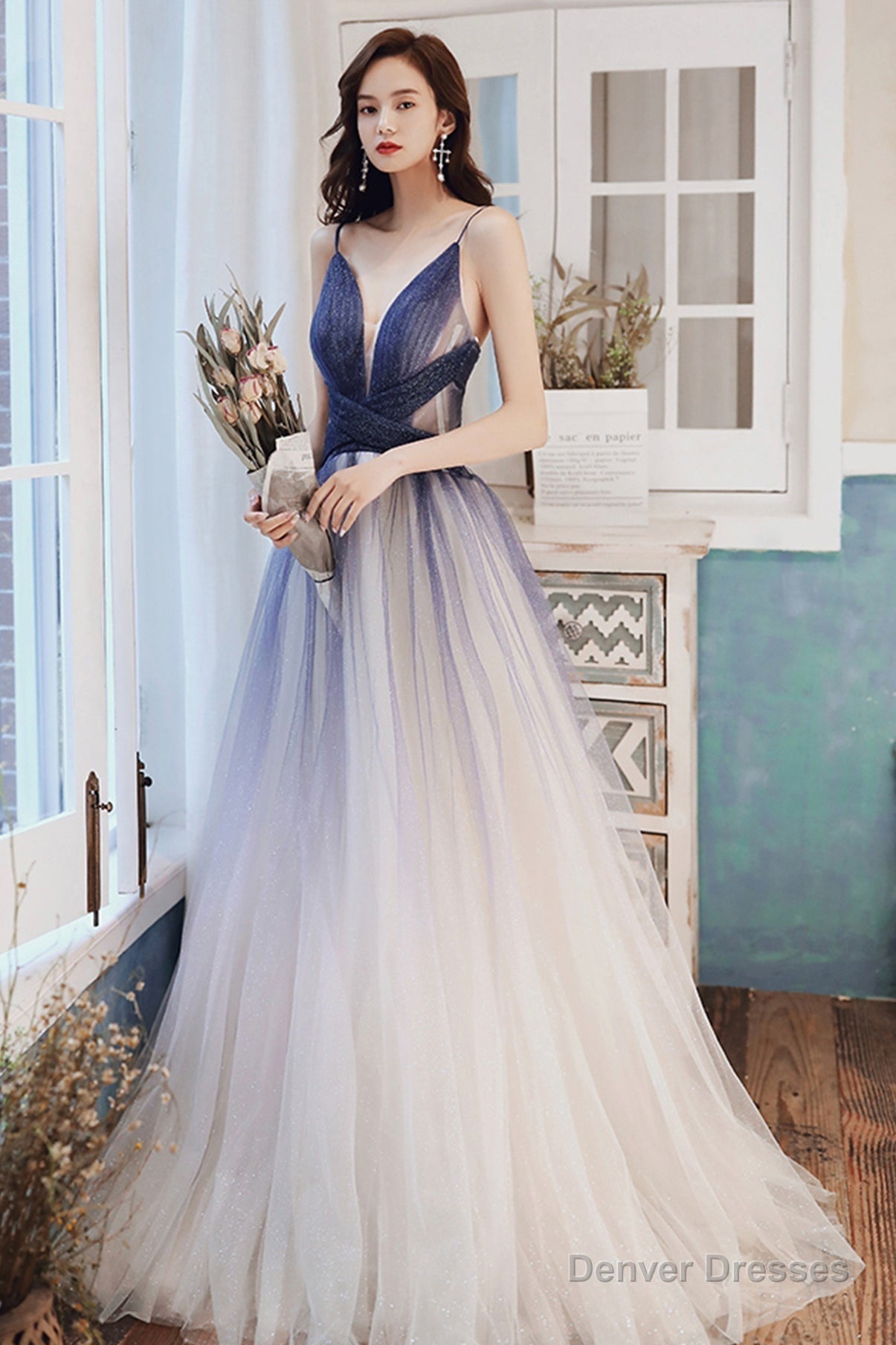 Stylish v neck tulle long A line prom dress blue evening dress Secondary image