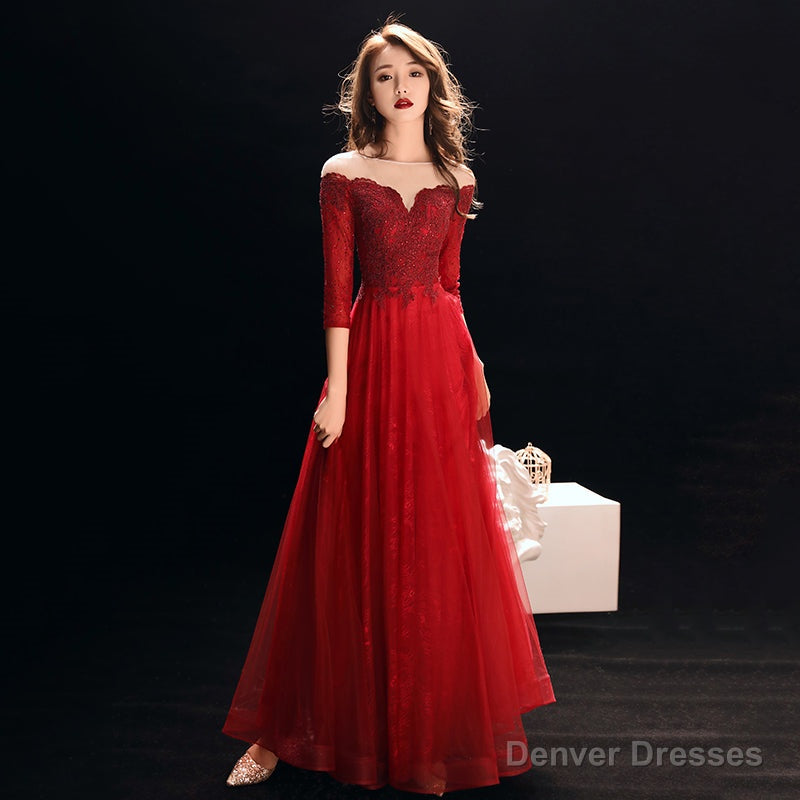 Burgundy lace tulle prom dress evening dress Main image