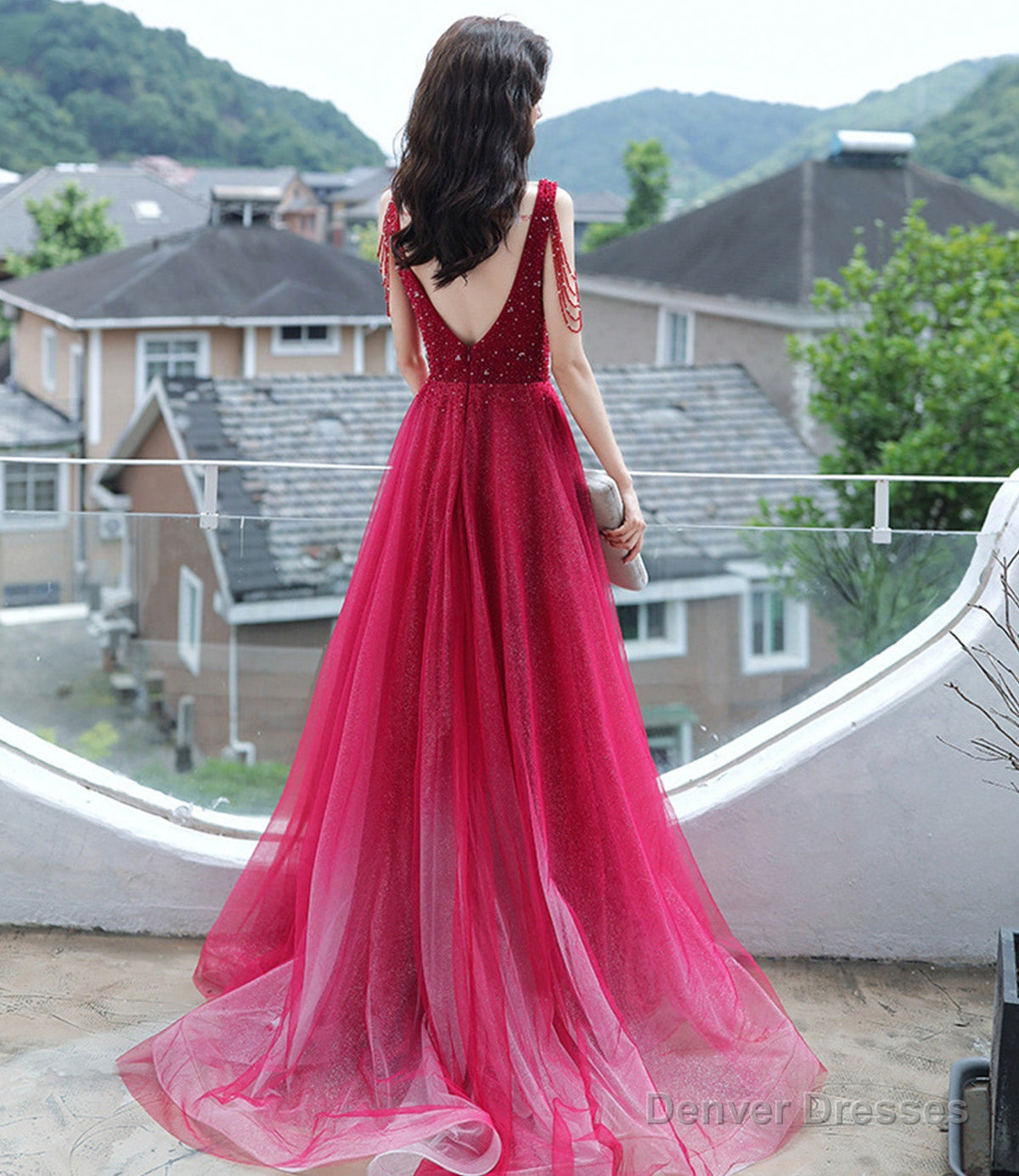 Red tulle beads long prom dress red evening dress