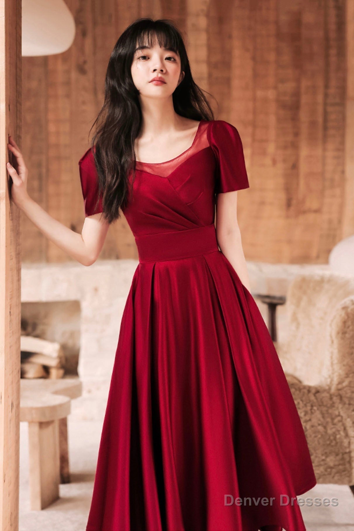 Burgundy satin short prom dress A-line evening dress Secondary image