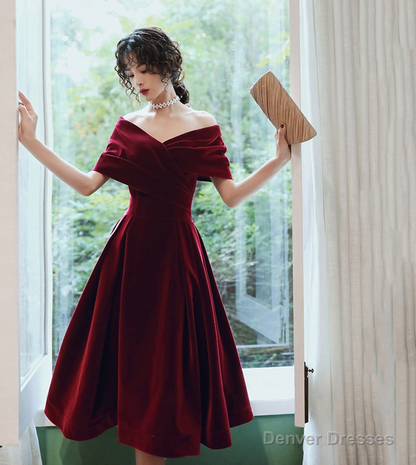 Burgundy velvet short prom dress party dress Main image