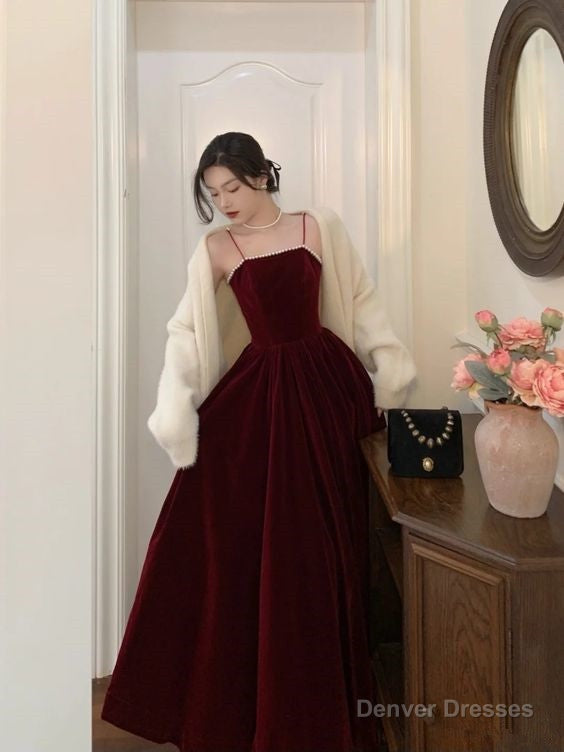 Spaghetti Straps Burgundy Velvet Prom Dress Simple Prom Dress Party Dress Main image