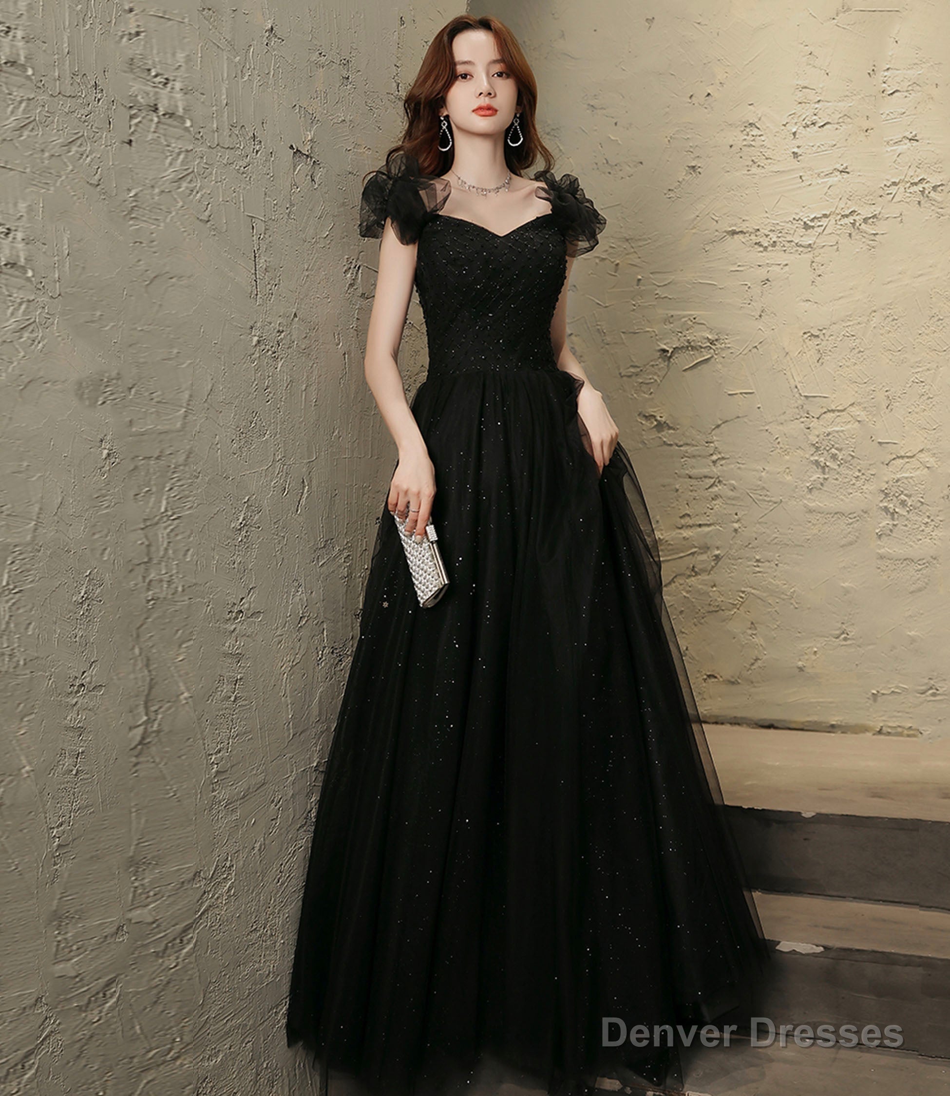 Black tulle beaded long prom dress evening dress Main image