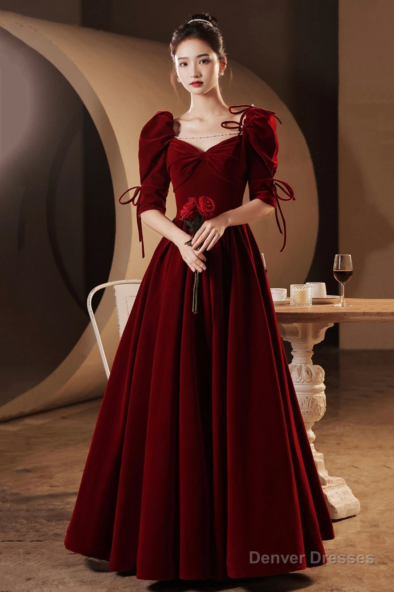 Burgundy velvet long prom dress A-line evening dress Secondary image
