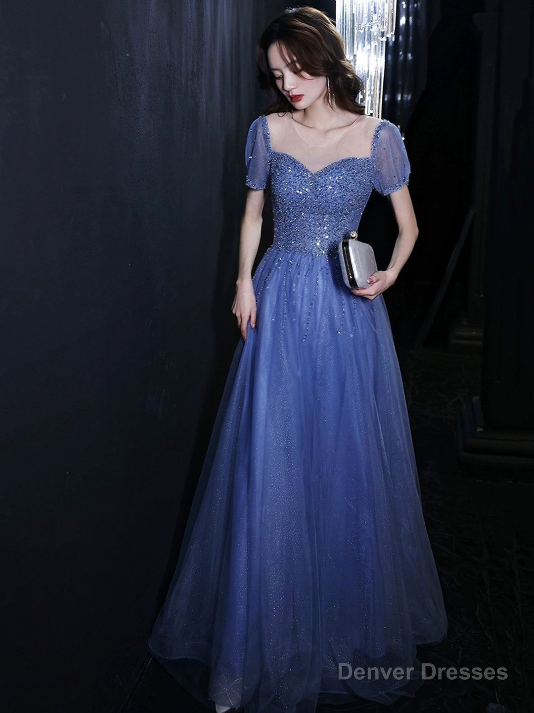Blue Tulle Beads Long Prom Dress, Beautiful Short Sleeve Evening Party Dress Secondary image