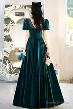 Green satin long prom dress A-line evening dress