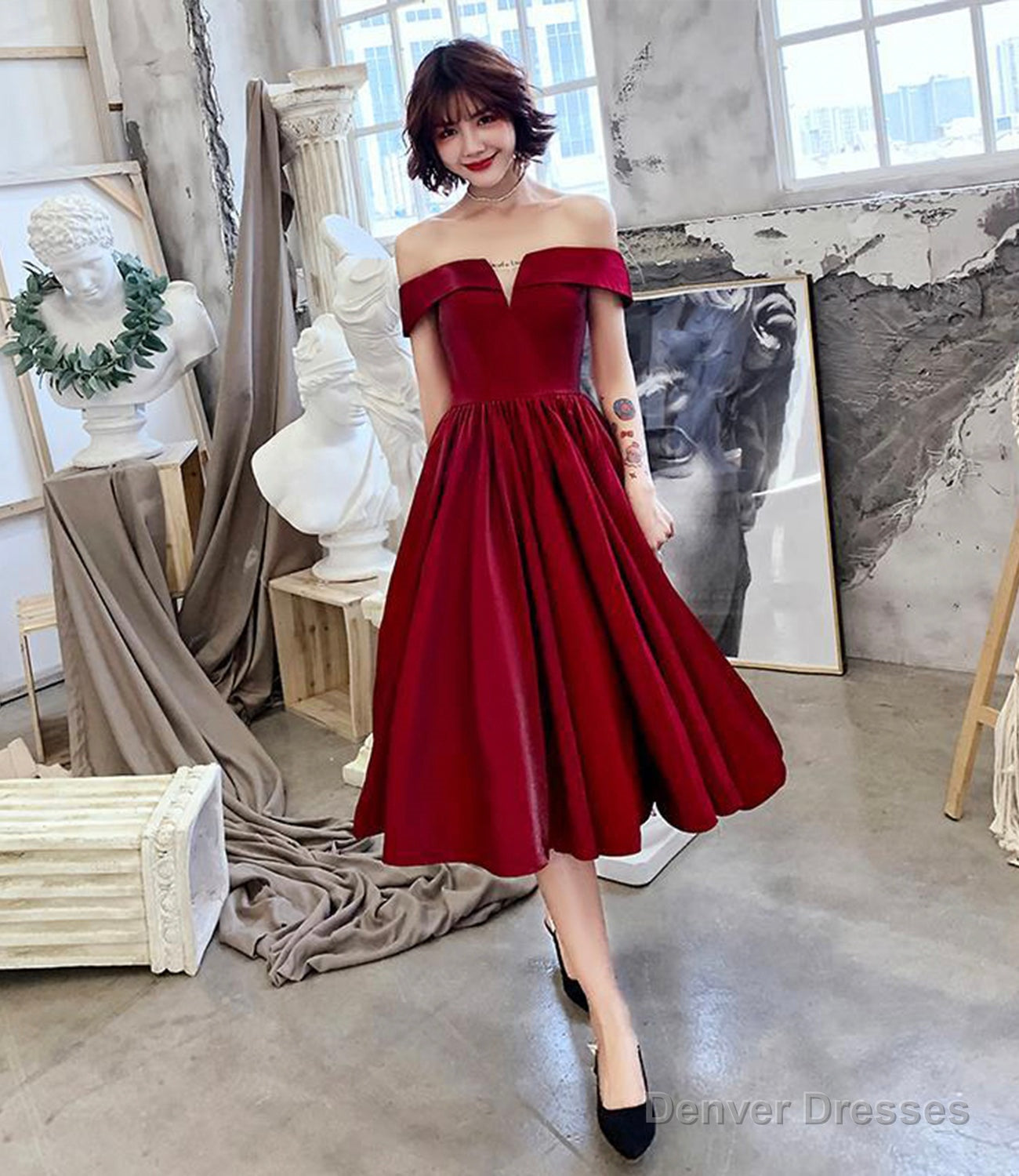 Burgundy satin short prom dress party dress Main image