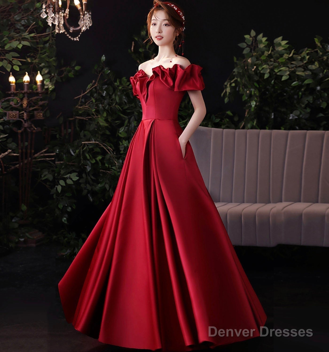 Burgundy satin long prom dress evening dress