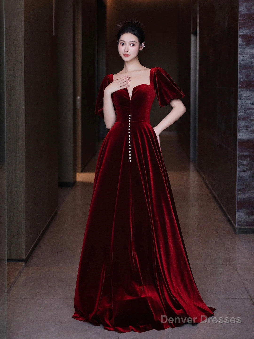 Burgundy Velvet Long A-Line Prom Dress Main image