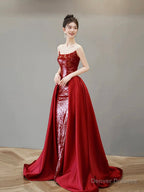 Burgundy Satin Sequins Long Prom Party Dress