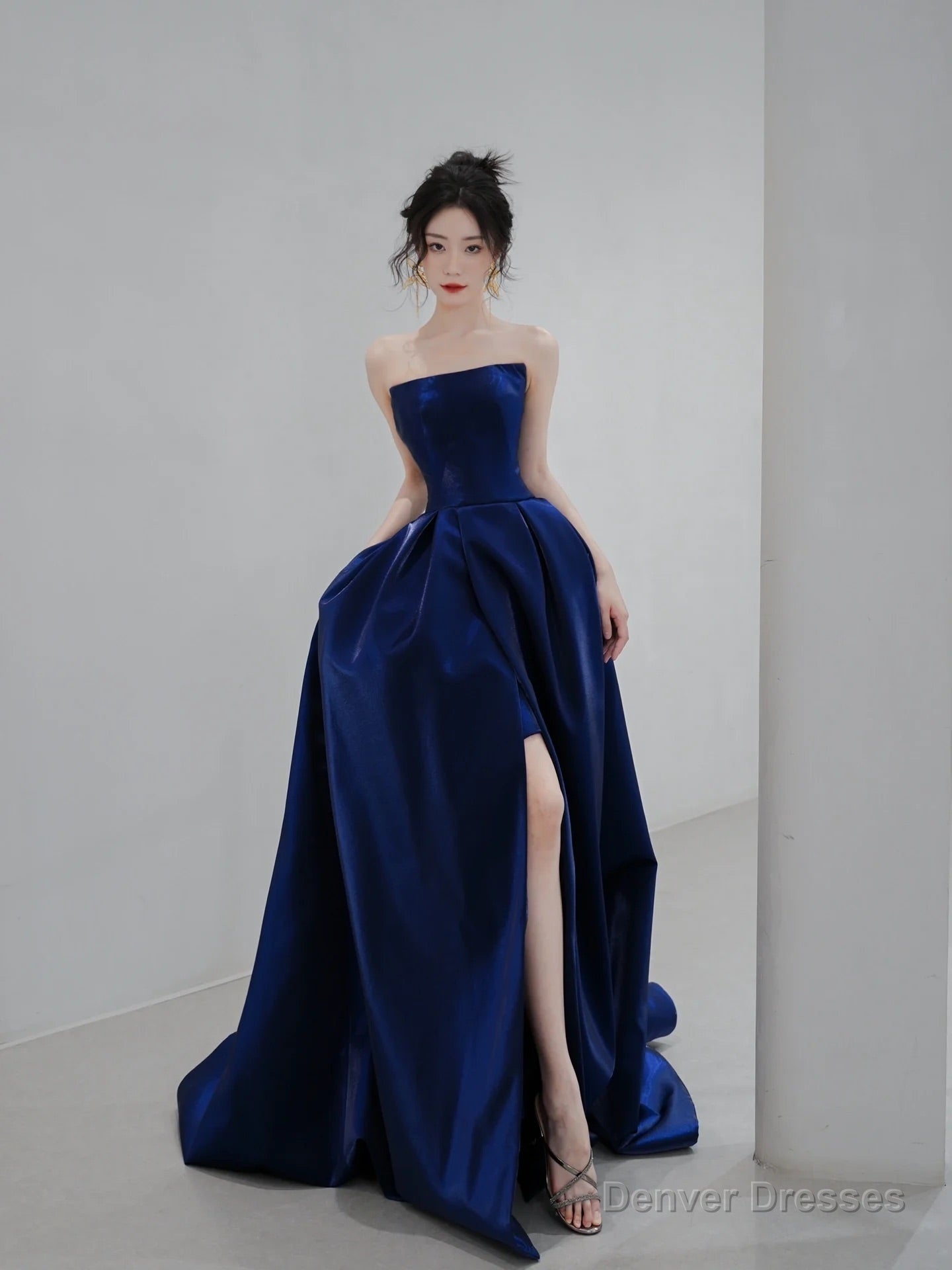 Blue Satin Long A-Line Prom Dress, Simple Blue Evening Dress Formal Dress Secondary image