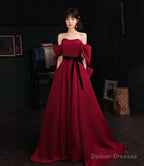 Burgundy satin long prom dress A line evening dress